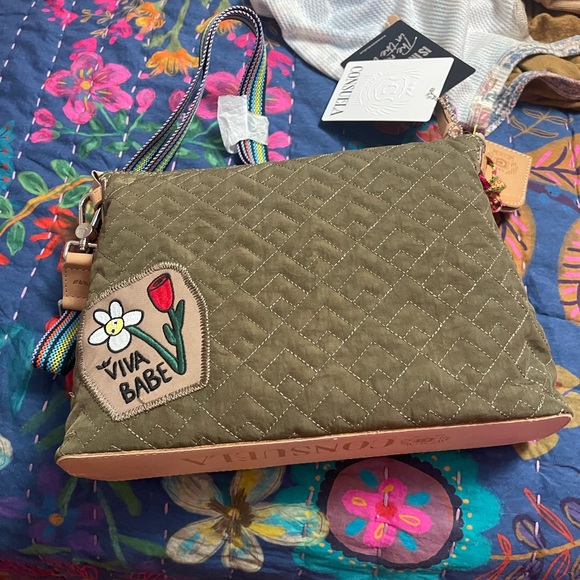 Consuela Handbags - Consuela Olive Quilted Crossbody Bag with Floral Patch NWT